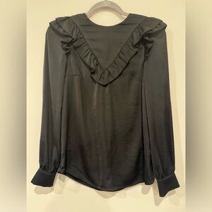 H&M black satin sheen lace ruffle long sleeve blouse